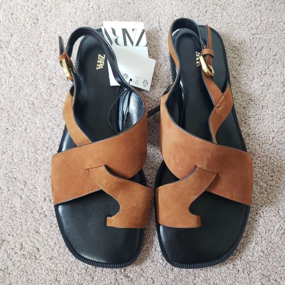 Zara Nwt Suede Leather Slide Strappy Sandals Toe Loop Metal Buckle Size 6 Brown - Picture 12 of 13